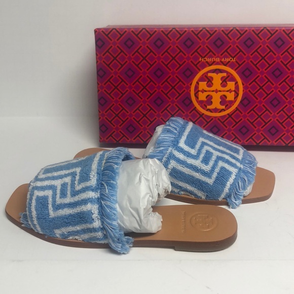 Tory Burch Towel T Flat Slides in Blue Bird Ivory - Picture 2 of 2